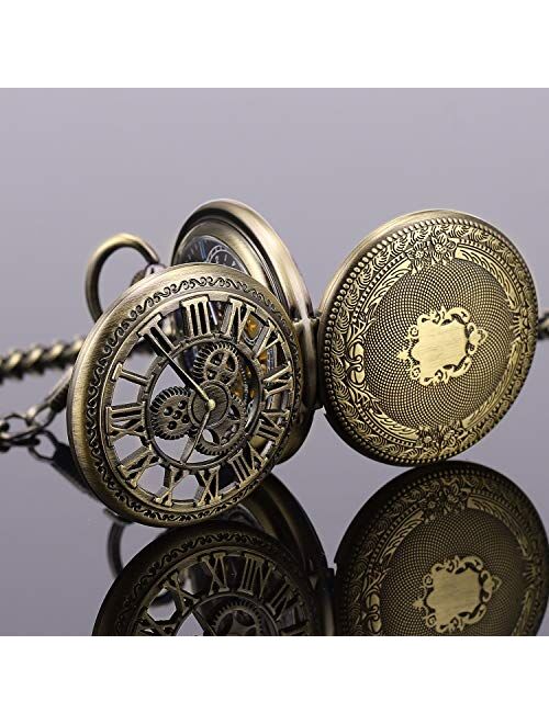 Pocket Watch Skeleton Mechanical Double Case Hand-Wind SIBOSUN Roman Numerals Antique Chain Mens