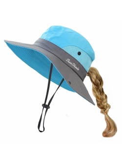 HGGE Kids Girls Sun Hat UV Protection Wide Brim Beach Cap with Ponytail Hole