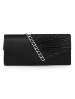 Damara Womens Pleated Crystal-Studded Satin Handbag Evening Clutch