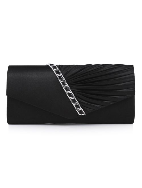 Damara Womens Pleated Crystal-Studded Satin Handbag Evening Clutch