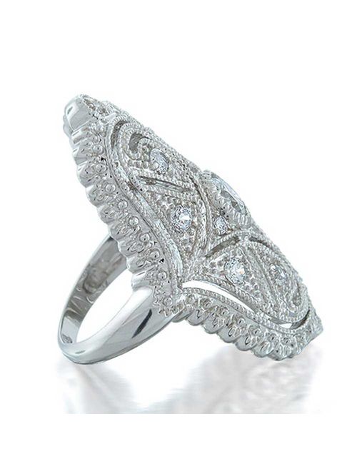 Bling Jewelry Deco Antique Style Filigree Pave CZ Wide Armor Full Finger Fashion Statement Ring Cubic Zirconia Rhodium Plated Brass
