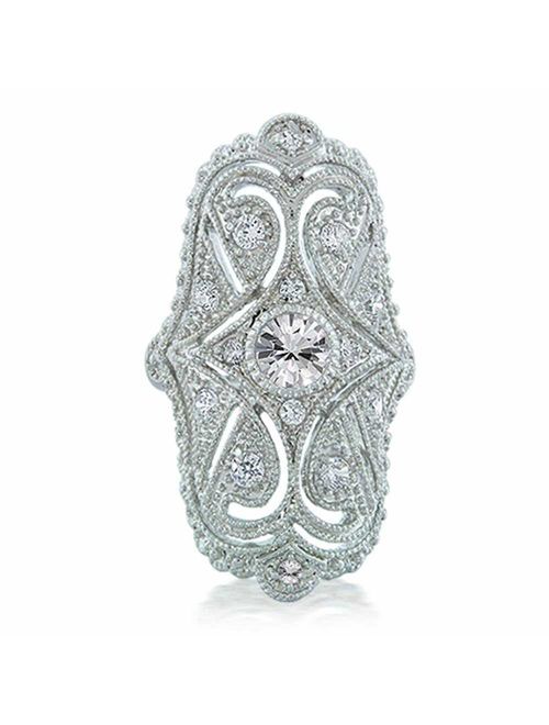 Bling Jewelry Deco Antique Style Filigree Pave CZ Wide Armor Full Finger Fashion Statement Ring Cubic Zirconia Rhodium Plated Brass