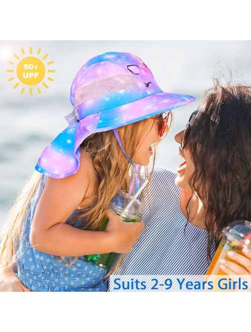 Play Tailor Kids Sun Hat UV Protection Unicorn Summer Beach Play Hats Wide Brim Neck Flap for Girls 2-9 Years