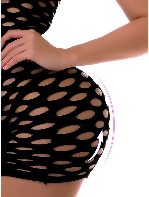 FasiCat Women's Mesh Lingerie Fishnet Babydoll Mini Dress Free Size Bodysuit