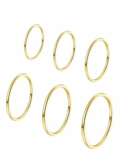ALEXTINA Women's 6 Pieces Stainless Steel 1MM Thin Midi Stacking Rings Plain Band Comfort Fit Size 4 to 9