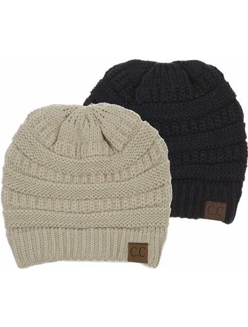Funky Junque Solid Ribbed Beanie Slouchy Soft Stretch Cable Knit Warm Skull Cap