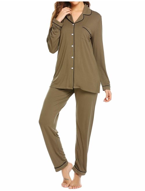 Ekouaer Pajamas Set Long Sleeve Sleepwear Womens Button Down Nightwear Soft Pj Lounge Sets XS-XXL