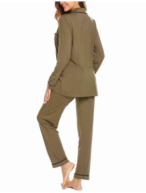 Ekouaer Pajamas Set Long Sleeve Sleepwear Womens Button Down Nightwear Soft Pj Lounge Sets XS-XXL