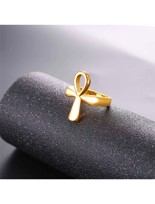 U7 Men Women's Stainless Steel 18K Gold Plated Vintage Egyptian Jewelry Eye of Horus Band Ring/Cross Ankh Ring, Size 7 to 12 -with Custom Engraving Service
