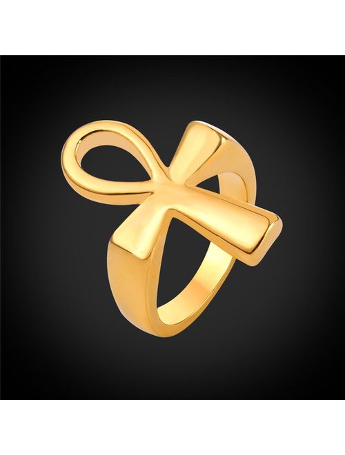 U7 Men Women's Stainless Steel 18K Gold Plated Vintage Egyptian Jewelry Eye of Horus Band Ring/Cross Ankh Ring, Size 7 to 12 -with Custom Engraving Service