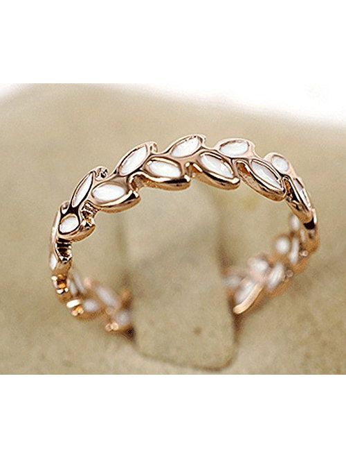 Taoqiao White Enamel Accent Olive Branch Design Band Ring