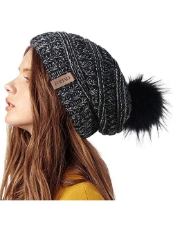 Womens Winter Knit Slouchy Beanie Hat Warm Skull Ski Cap Faux Fur Pom Pom Hats for Women