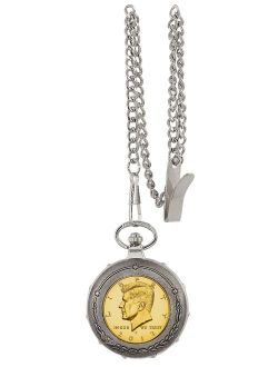 Gold-Layered JFK Half Dollar Silvertone Train Coin Pocket Watch