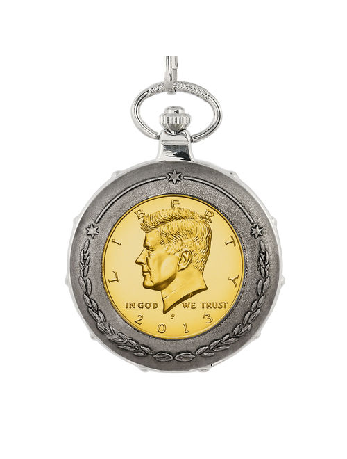 Gold-Layered JFK Half Dollar Silvertone Train Coin Pocket Watch
