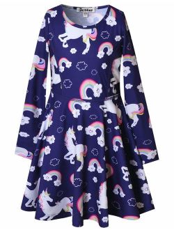 Girls Long Sleeve Dresses Kids Unicorn Clothes Cotton Outfits 3-13 Years
