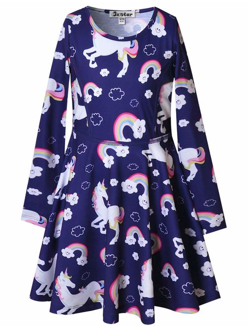 Jxstar Girls Long Sleeve Dresses Kids Unicorn Clothes Cotton Outfits 3-13 Years