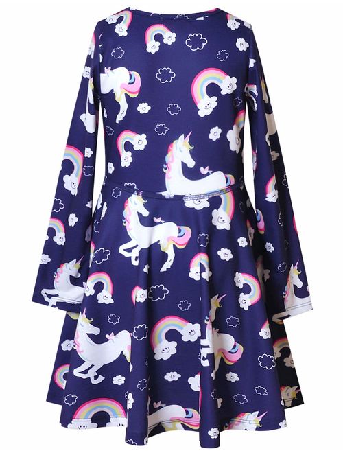 Jxstar Girls Long Sleeve Dresses Kids Unicorn Clothes Cotton Outfits 3-13 Years