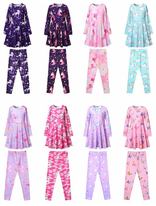 Jxstar Girls Long Sleeve Dresses Kids Unicorn Clothes Cotton Outfits 3-13 Years