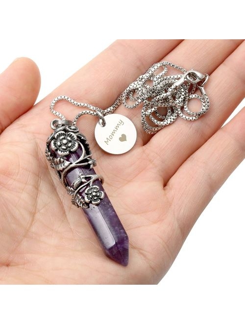 Top Plaza Antique Silver Flower Wrapped Natural Rose Quartz Healing Crystal Necklace