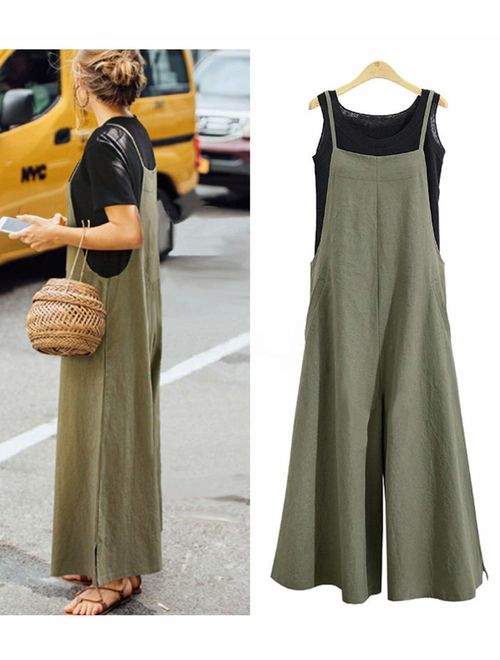YESNO Women Casual Cropped Bib Pants Wide Leg Jumpsuits Rompers Overalls/w Pockets PZZ