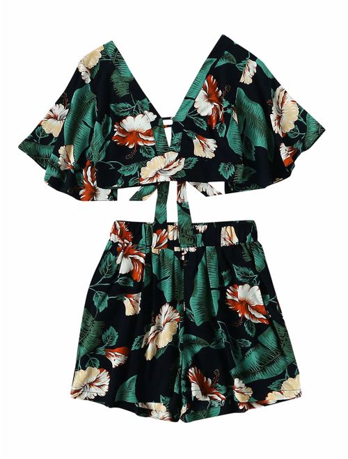 SheIn Women's 2 Piece Set Plunging V-Neck Fower Printed Tie Back Crop Top and Shorts