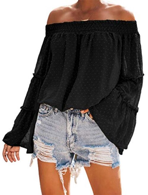 Asvivid Womens Off The Shoulder Flared Bell Sleeve Tops Dot Printed Loose Fall Shirt Blouses