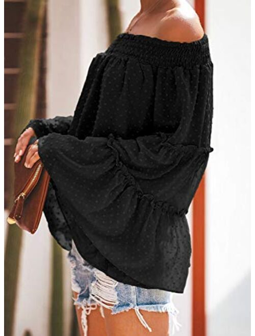 Asvivid Womens Off The Shoulder Flared Bell Sleeve Tops Dot Printed Loose Fall Shirt Blouses