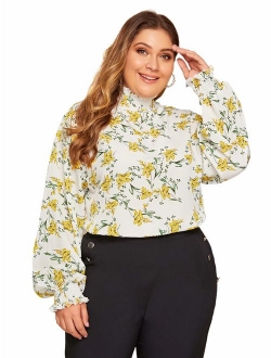 Women's Floral Print Ruffle Puff Short Sleeve Casual Blouse Tops