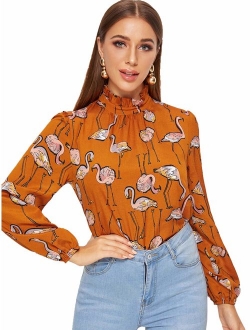 Women's Floral Print Ruffle Puff Short Sleeve Casual Blouse Tops