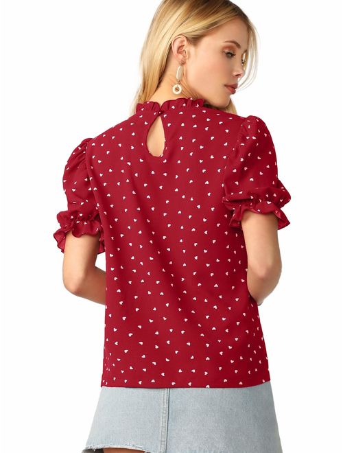 ROMWE Women's Floral Print Ruffle Puff Short Sleeve Casual Blouse Tops