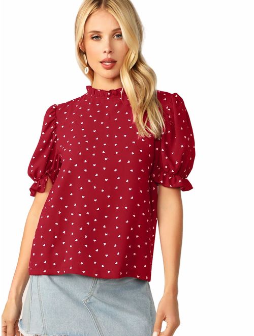 Romwe Womens Plus Size Floral Print Puff Short Sleeve Casual Blouse Tops