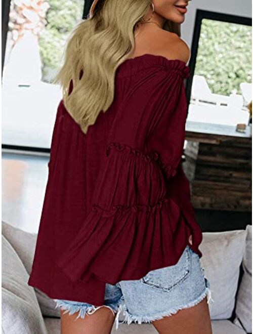 Womens Off The Shoulder Long Bell Sleeve Tops Flared Casual Loose Blouse