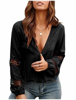 Viracy Womens V Neck Lantern Long Sleeve Blouse Hollow Out Casual Shirts Tops