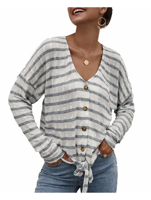 PRETTYGARDEN Women's Casual Striped Long Sleeve V Neck Waffle Knit Tie Knot Button Down Blouse Shirt