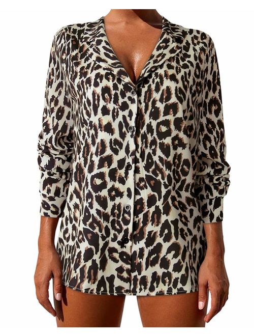 OMKAGI Women Sexy V Neck Blouses Leopard Print Button Down Long Sleeve Shirts