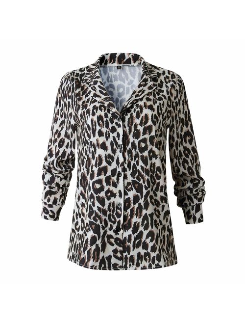 OMKAGI Women Sexy V Neck Blouses Leopard Print Button Down Long Sleeve Shirts
