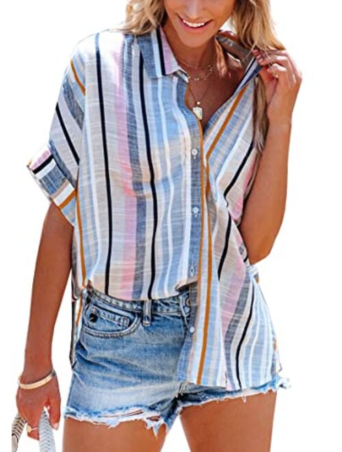 ZC&GF Women's Long Sleeve V-Neck Stripes Casual Blouses Pocket Button Down Shirt Tops