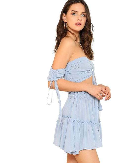 Floerns Women's Two Piece Outfit Off Shoulder Drawstring Crop Top and Skirt Set