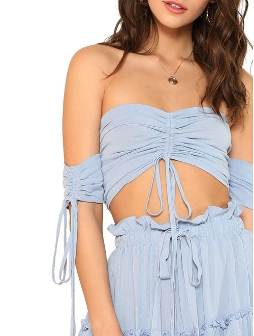 Floerns Women's Two Piece Outfit Off Shoulder Drawstring Crop Top and Skirt Set