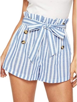 Women's Casual Elastic Waist Striped Summer Beach Shorts with Pockets