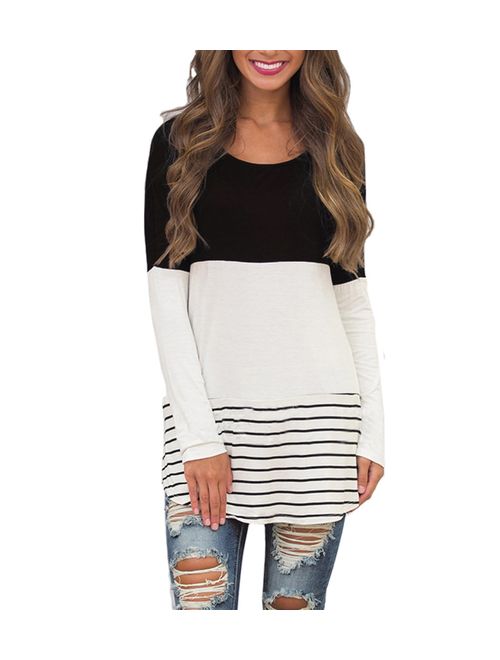 Hount Womens Back Lace Color Block Tunic Tops Long Sleeve T-Shirts Blouses with Striped Hem