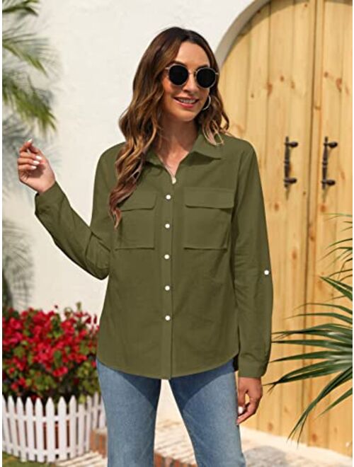 Womens Button Down V Neck Shirts Long Sleeve Blouse Roll Up Cuffed Sleeve Casual Work Plain Tops with Pockets