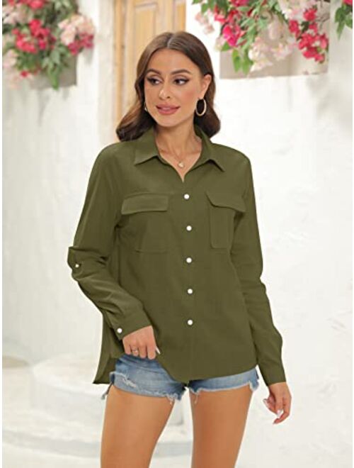 Womens Button Down V Neck Shirts Long Sleeve Blouse Roll Up Cuffed Sleeve Casual Work Plain Tops with Pockets