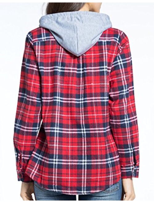 Classic Plaid Cotton Hoodies for Women - Flannel Long Sleeve Button-Up Drawstring Shirt with Pockets Casual Outfits