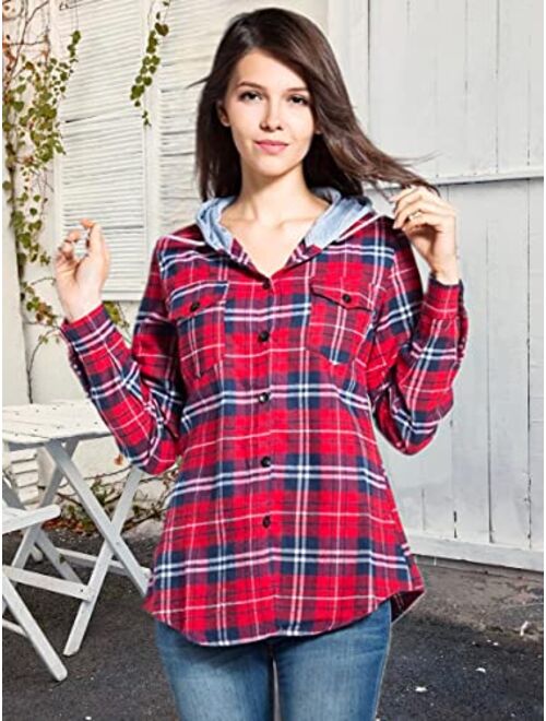 Classic Plaid Cotton Hoodies for Women - Flannel Long Sleeve Button-Up Drawstring Shirt with Pockets Casual Outfits