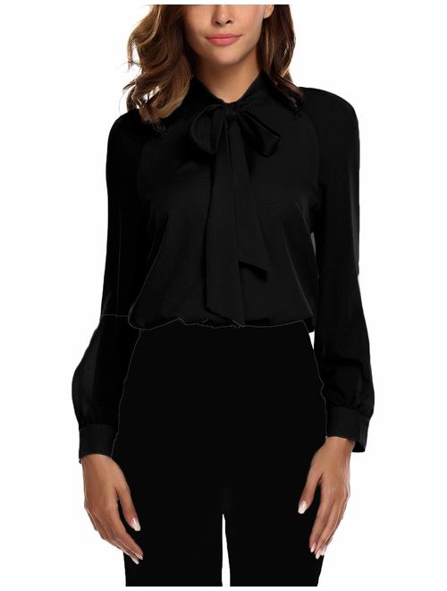 ACEVOG Women Bow Tie Neck Chiffon Blouses Sheer Long Sleeve Patchwork Casual Button Shirts