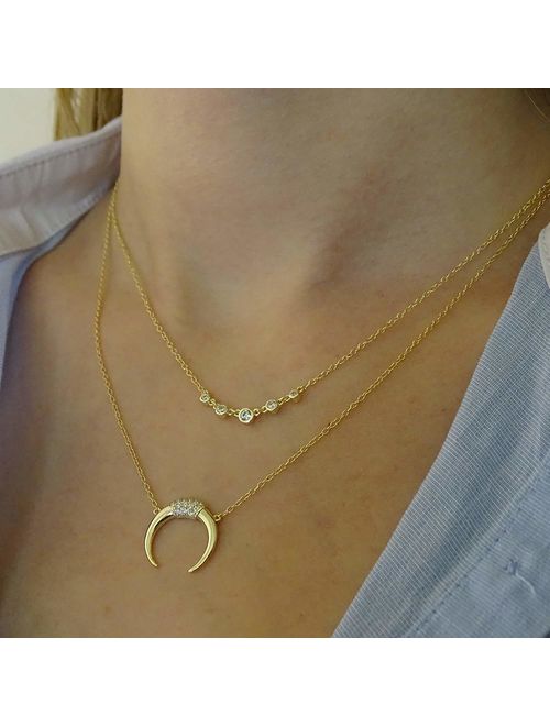 Layered Moon Necklace, Full Moon Layering Necklace,Silver Plated Dainty Boho Necklace Hammered Disk Necklace