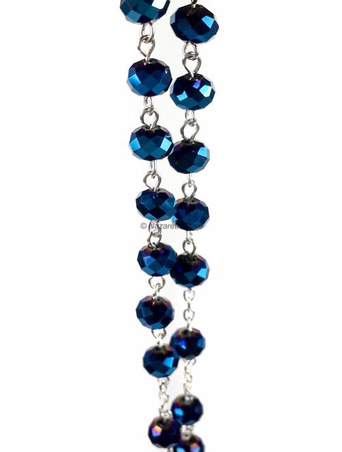 Nazareth Store Deep Blue Crystal Beads Rosary Catholic Necklace Holy Soil Medal Cross Crucifix Velvet Bag