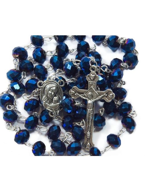 Nazareth Store Deep Blue Crystal Beads Rosary Catholic Necklace Holy Soil Medal Cross Crucifix Velvet Bag
