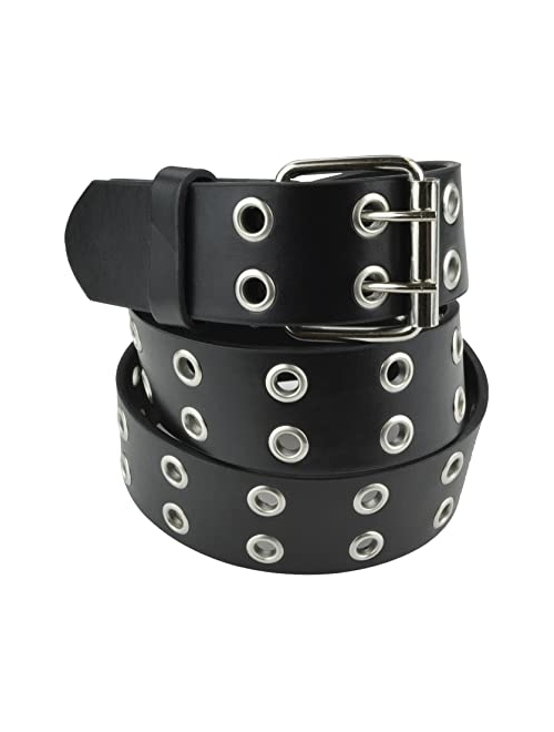 Double Grommet Leather Belt - PU Leather - Double Prong Belt Buckle - 2 Hole Grommet Belt for Women or Men by Belle Donne